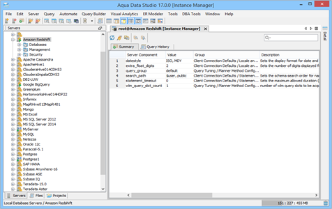 Amazon Redshift DBA Tool Instance Manager Summary in Aqua Data Studio