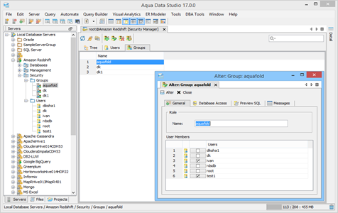 Amazon Redshift DBA Tool Security Manager Groups in Aqua Data Studio