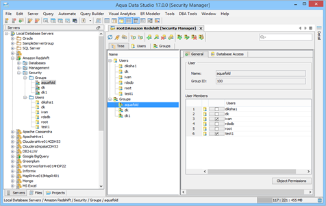 Amazon Redshift DBA Tool Security Manager Tree in Aqua Data Studio