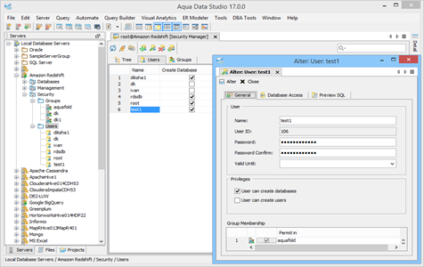 Amazon Redshift DBA Tool Security Manager Users in Aqua Data Studio