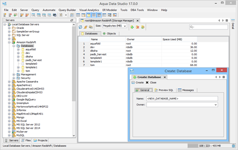 Amazon Redshift DBA Tool Storage Manager Databases in Aqua Data Studio