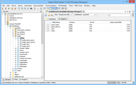 Amazon Redshift DBA Tool Storage Manager Objects in Aqua Data Studio