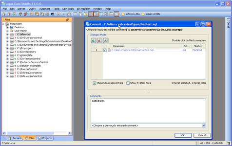 CVS Commit Dialog Box in Aqua Data Studio