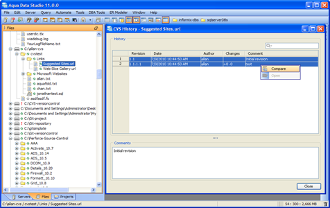 CVS Project History Compare in Aqua Data Studio