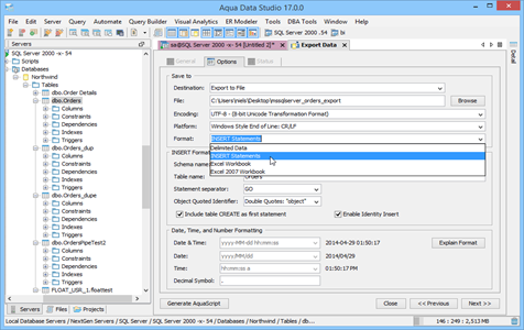 Data Export Options Format in Aqua Data Studio