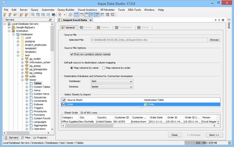 Data Import Excel in Aqua Data Studio