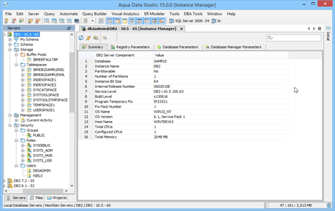 DBA Tool Instance Manager Summary in Aqua Data Studio