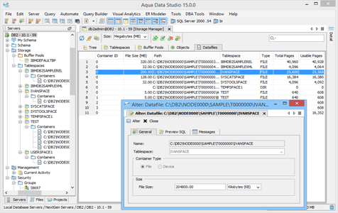DBA Tool Storage Manager Datafiles in Aqua Data Studio