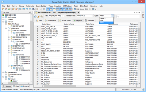 DBA Tool Storage Manager Objects in Aqua Data Studio