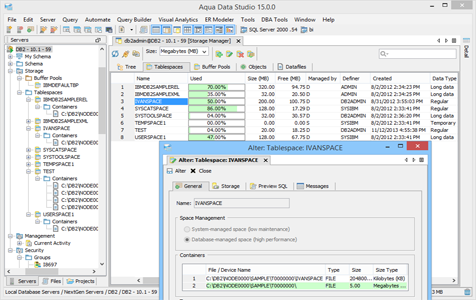 DBA Tool Storage Manager Tablespaces in Aqua Data Studio