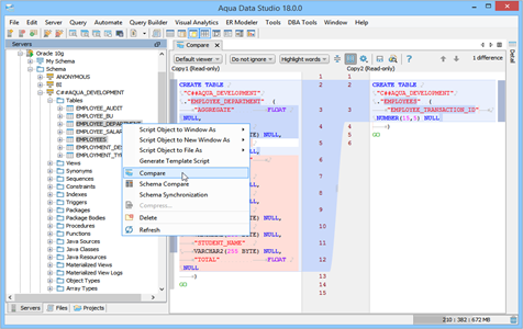 DDL Compare in Aqua Data Studio database comparison tools