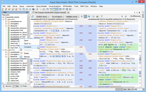 File Compare Right Click And Results in Aqua Data Studio