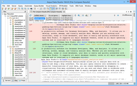 File Compare Viewer Type in Aqua Data Studio