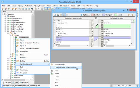 Git Client Compare with Base Revision in Aqua Data Studio