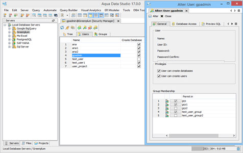 Greenplum DBA Tool Security Manager User in Aqua Data Studio
