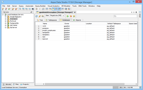 Greenplum DBA Tool Storage Manager Databases in Aqua Data Studio