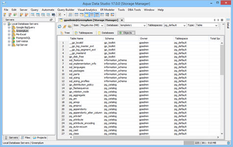 Greenplum DBA Tool Storage Manager Objects in Aqua Data Studio