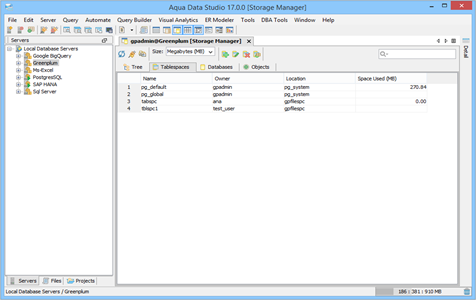 Greenplum DBA Tool Storage Manager Tablespace in Aqua Data Studio