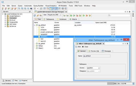 Greenplum DBA Tool Storage Manager Tree in Aqua Data Studio