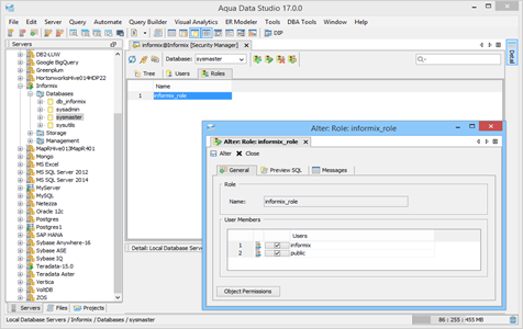 Informix DBA Tool Security Manager Roles in Aqua Data Studio