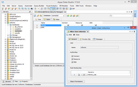 Informix DBA Tool Security Manager Users in Aqua Data Studio
