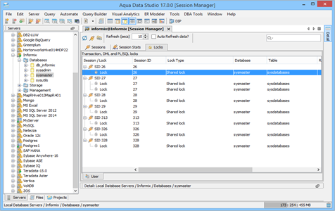 Informix DBA Tool Session Manager Locks in Aqua Data Studio