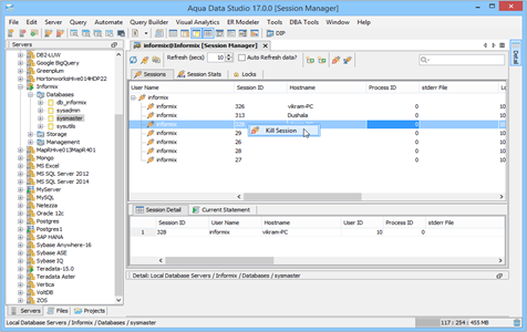 Informix DBA Tool Session Manager Sessions in Aqua Data Studio