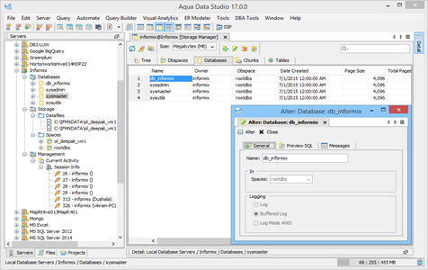 Informix DBA Tool Storage Manager Databases in Aqua Data Studio