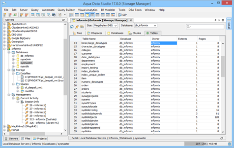 Informix DBA Tool Storage Manager Table in Aqua Data Studio