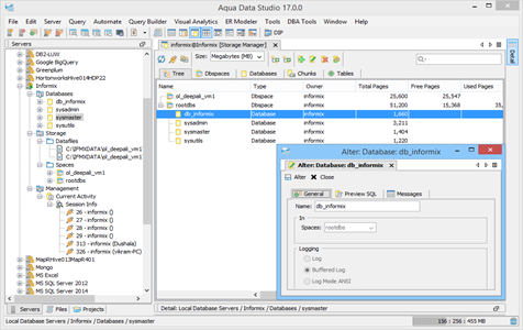 Informix DBA Tool Storage Manager Tree in Aqua Data Studio