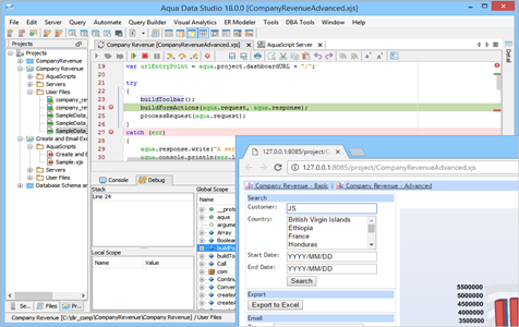 Javascript IDE Open API Debug in Browser in Aqua Data Studio