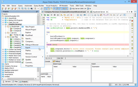 Javascript IDE Open API Export Project in Aqua Data Studio