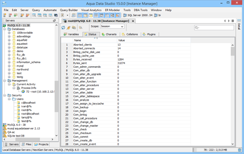 MySQL DBA Tool Instance Manager Status in Aqua Data Studio