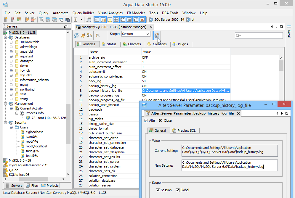 MySQL DBA Tool Instance Manager Variables in Aqua Data Studio