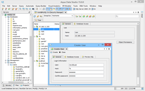 MySQL DBA Tool Security Manager Tree in Aqua Data Studio