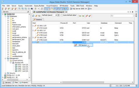 MySQL DBA Tool Session Manager Sessions in Aqua Data Studio