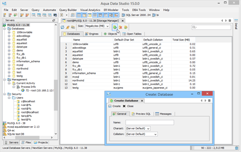 MySQL DBA Tool Storage Manager Databases in Aqua Data Studio