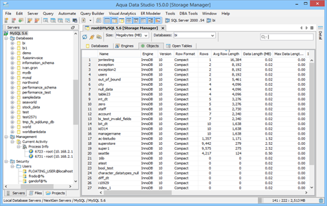 MySQL DBA Tool Storage Manager Objects in Aqua Data Studio