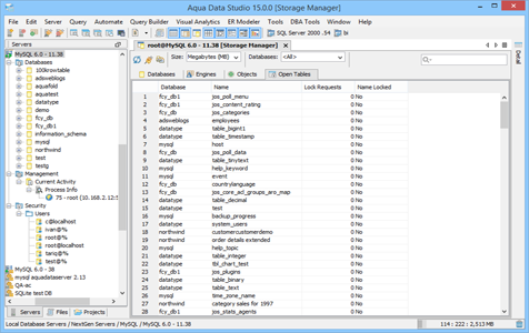 MySQL DBA Tool Storage Manager Open Tables in Aqua Data Studio