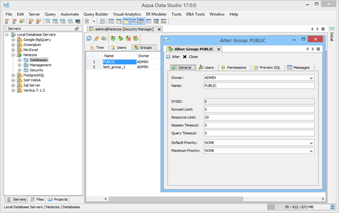 Netezza DBA Tool Security Manager Groups in Aqua Data Studio