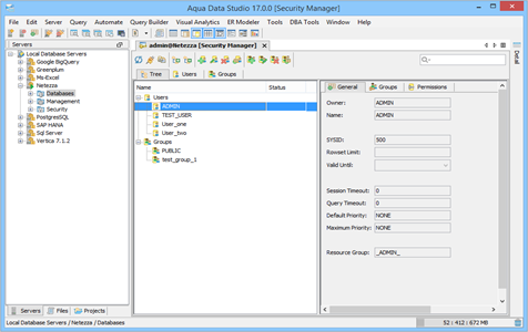 Netezza DBA Tool Security Manager Tree in Aqua Data Studio