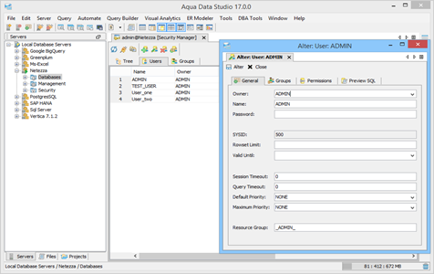Netezza DBA Tool Security Manager Users in Aqua Data Studio