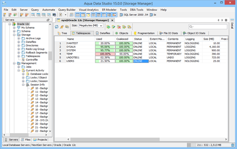 Oracle DBA Tool Storage Manager in Aqua Data Studio