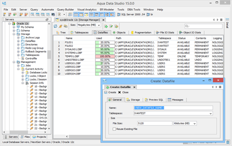 Oracle DBA Tool Storage Manager Datafiles in Aqua Data Studio