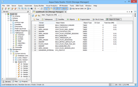 Oracle DBA Tool Storage Manager Object IO Stats in Aqua Data Studio