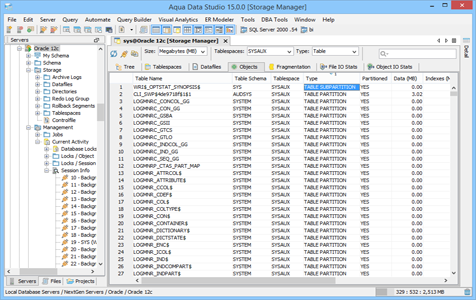 Oracle DBA Tool Storage Manager Objects in Aqua Data Studio