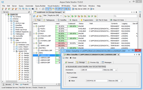 Oracle DBA Tool Storage Manager Tree in Aqua Data Studio