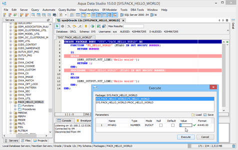Oracle SQL Debugger Execute Parameters in Aqua Data Studio