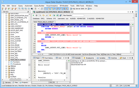 Oracle SQL Debugger Execute Parameters Results in Aqua Data Studio