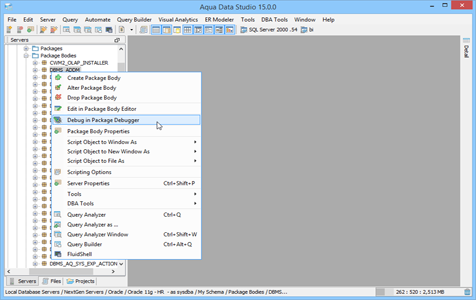 Oracle SQL Debugger Right Click Menu in Aqua Data Studio